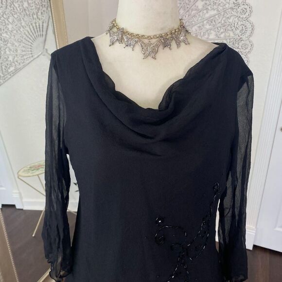 Vintage 90s Whimsygoth Asymmetric Black Beaded Silk 3/4 Sleeve Blouse L - Picture 5 of 8